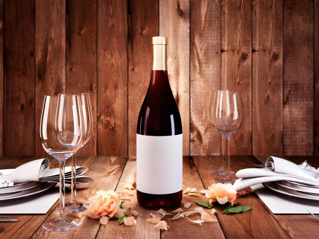 A bottle of wine sits on a rustic wooden table, flanked by two elegant glasses and floral accents, ready for a dining experience.