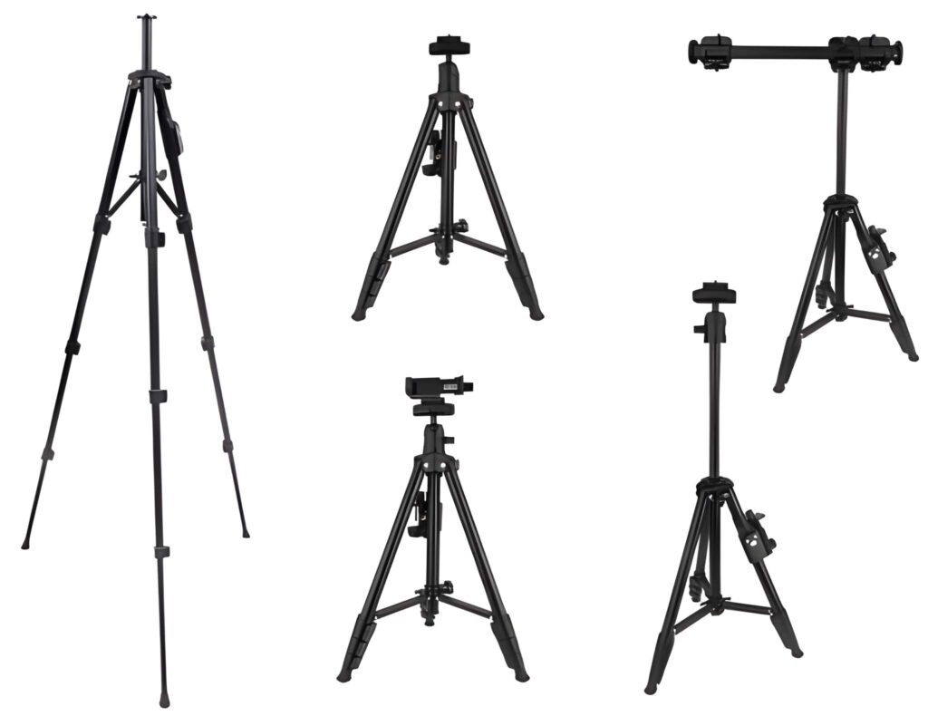 A collection of five black tripods in various positions, showcasing their adjustable legs and mounting options for cameras.