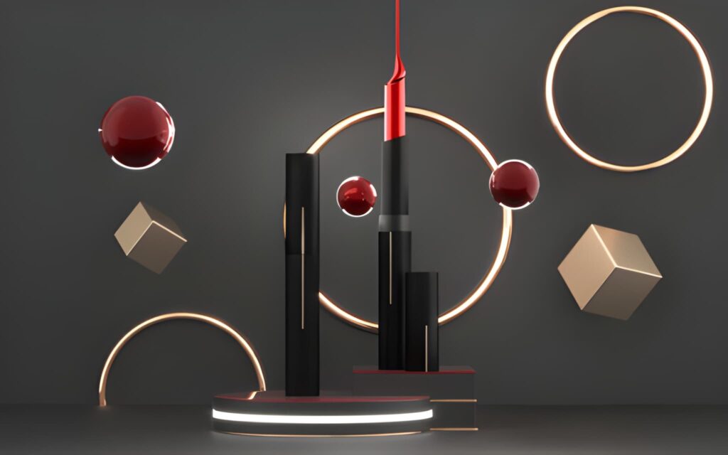 Abstract geometric scene with black towers, red spheres, tan cubes, and glowing rings on a dark background. Modern and futuristic aesthetic.