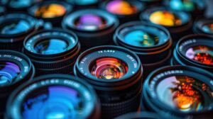 A collection of camera lenses with colorful reflections on the glass surfaces.