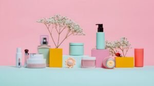 Assorted skincare products arranged artistically against a pink background with white flowers.