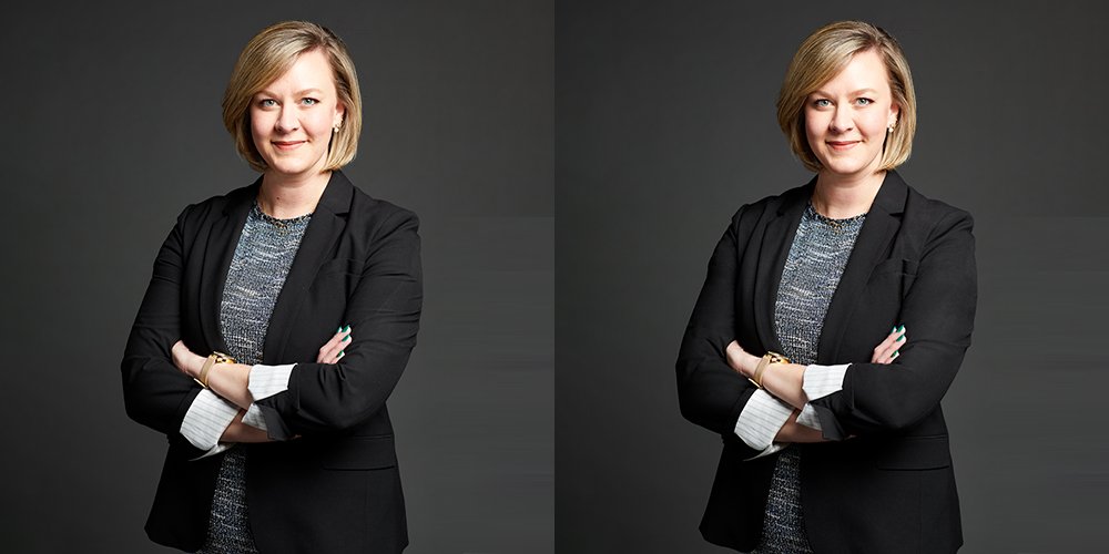 Before after image of a woman in a business suit with crossed arms standing against a grey background.