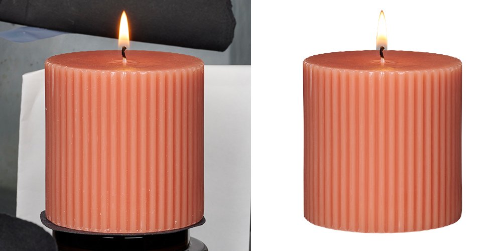 A lit ribbed pillar candle with a warm glow, shown in two different lighting settings.