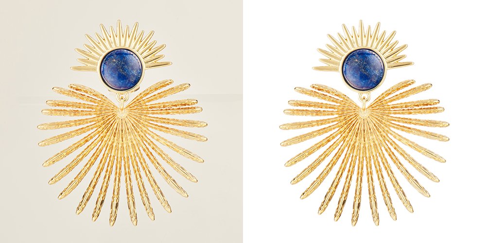 Gold sunburst brooches with blue center stones against a light background.