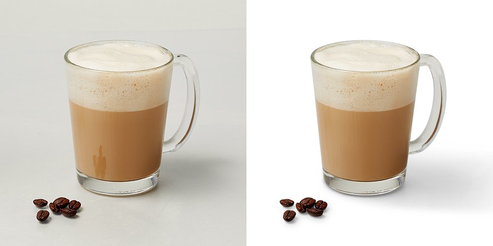 Before after image of a cup of coffee and coffee bun