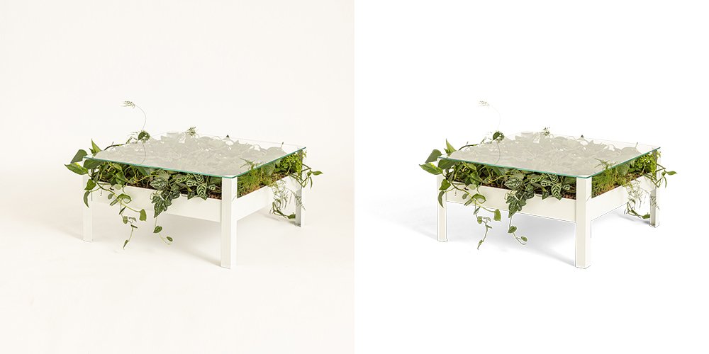 Before after image of a table in white background