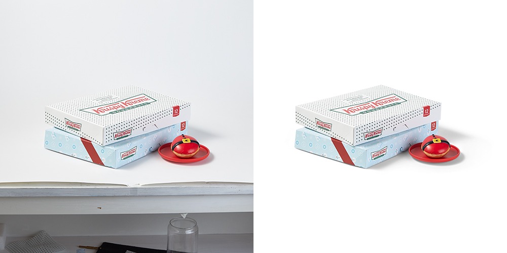 Two stacked Krispy Kreme boxes with a donut on a red plate, demonstrating importance of avoiding photo editing mistakes in product photography