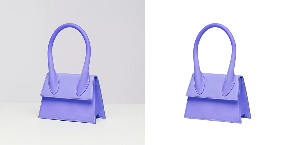 Lavender handbag with flap closure isolated on a transparent background using Photoshop for clean, professional product presentation.