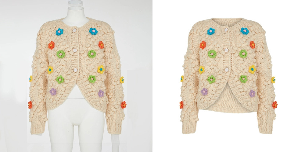 Cream floral cardigan displayed using ghost mannequin technique to highlight texture, fit, and design details for e-commerce presentation.