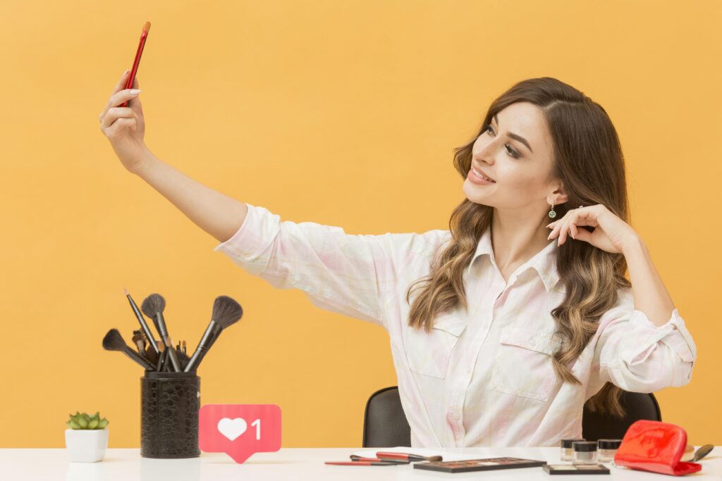 Beauty influencer photo prepared for clipping path editing, featuring makeup tools and cosmetics on a bright yellow background.