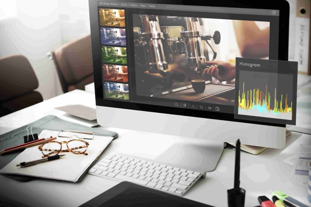 Photo editing workspace with Photoshop open, showing coffee-related images and histogram tools used for background transparency adjustments.
