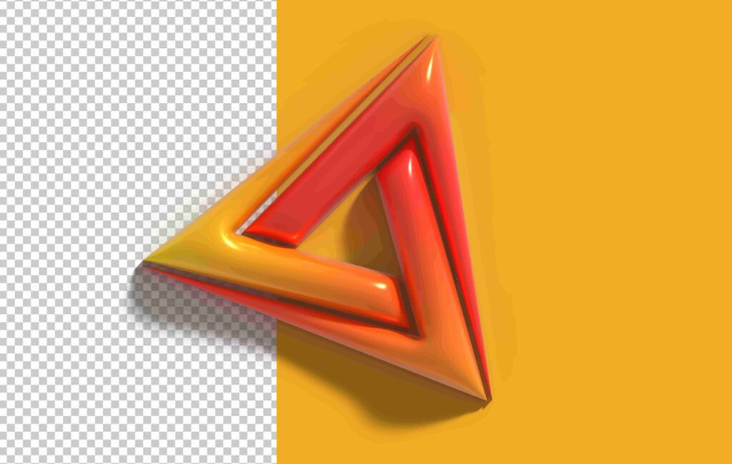 3D red and orange triangle with transparent background section created using Photoshop background removal tools on a vibrant yellow canvas.