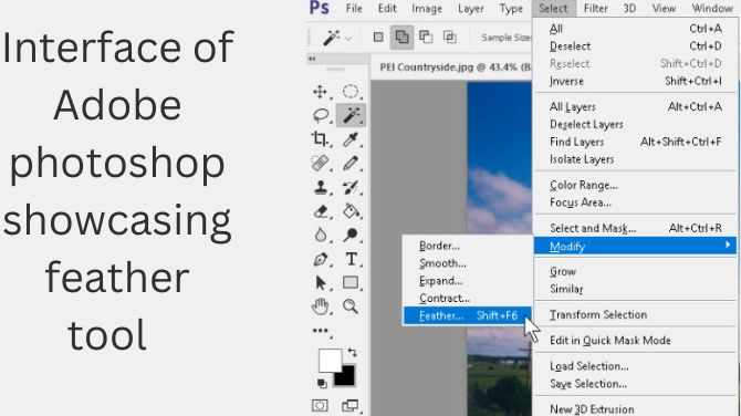 Adobe Photoshop interface displaying the feather tool option in the Select menu, emphasizing image editing functionality.