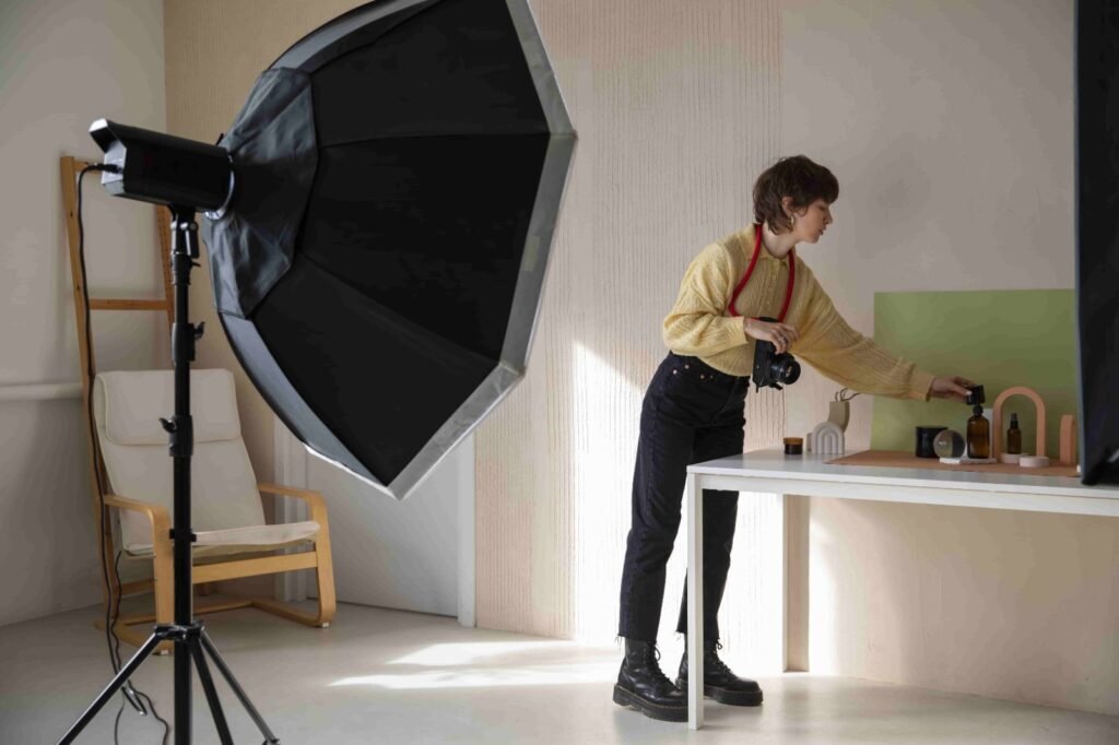 a woman photographer rearrange the product for photography