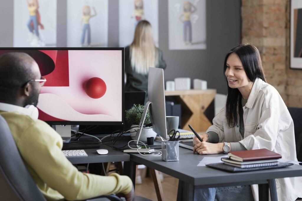 Two people are meeting in their working place