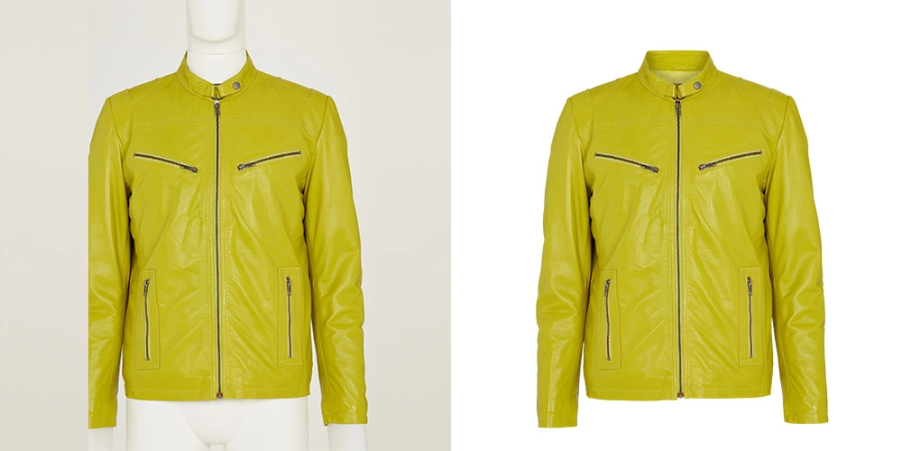 A vibrant lime green leather jacket displayed on a mannequin, featuring zippered pockets and a mandarin collar design.