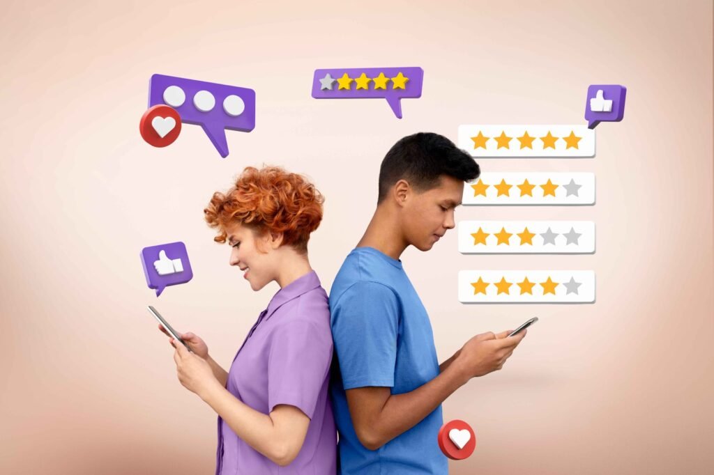 Two person giving reviews using phone