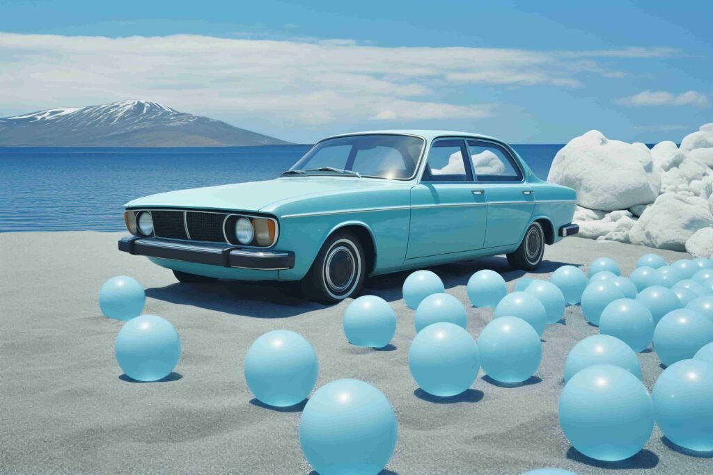 Image of a blue car beside a lake.