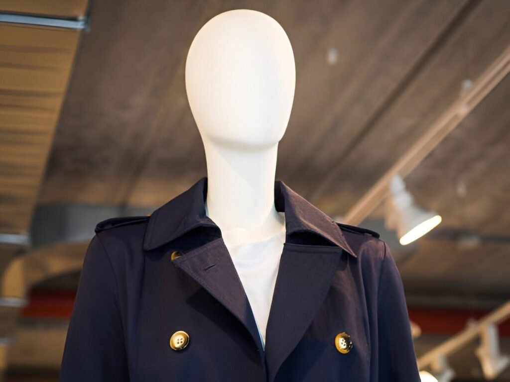 Close-up of a white mannequin wearing a navy blue trench coat with gold buttons and a white shirt, displayed in a modern retail setting.