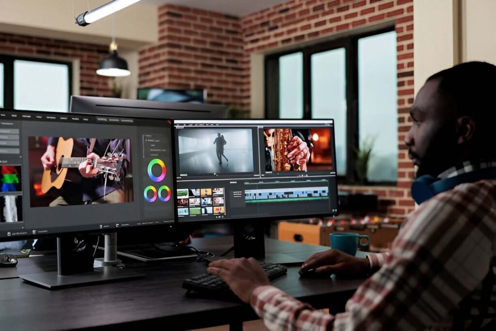 A person edits videos on dual monitors in a modern workspace featuring brick walls and a large window. Various editing tools are visible.