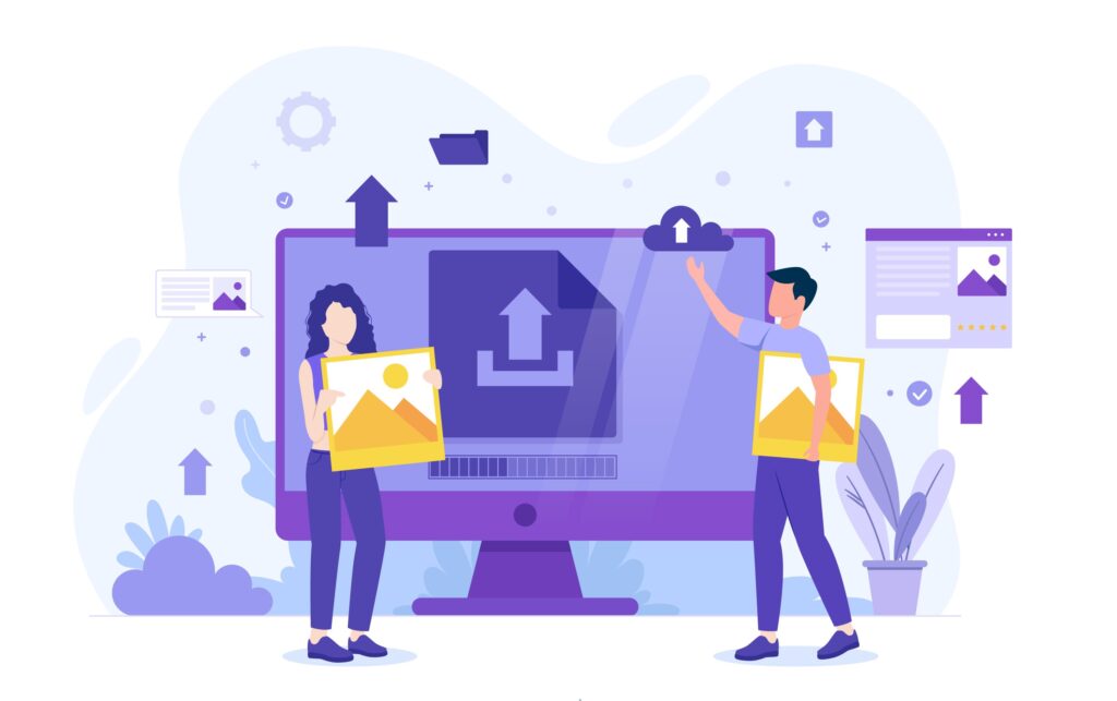 A digital illustration of a man and woman uploading images to a computer, surrounded by graphics like arrows and icons.