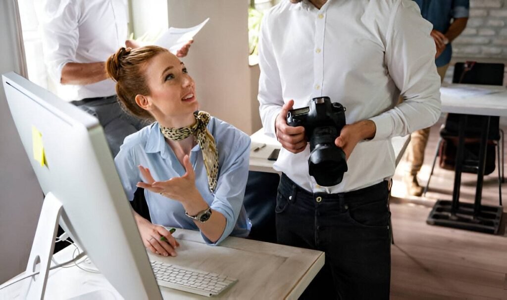 A woman in a blue shirt gestures while seated at a desk, as a man in a white shirt holds a camera nearby in a bright office setting.