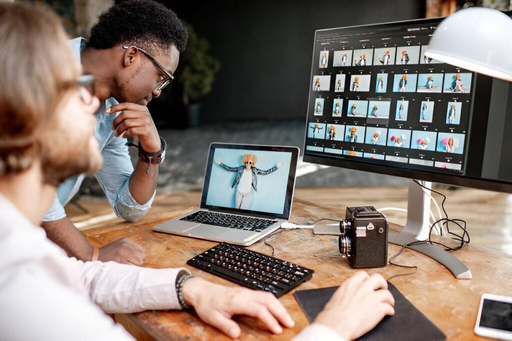 Two people review photo edits on a laptop and monitor, with a camera and keyboard on a wooden table in a well-lit workspace.