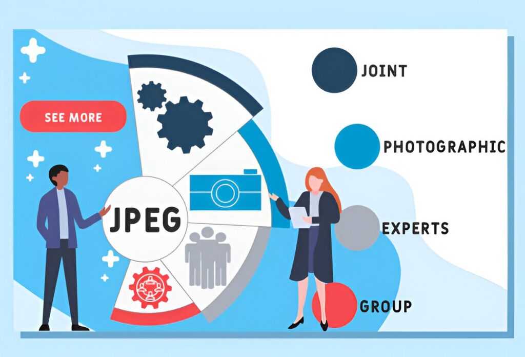 A graphic illustrating JPEG, featuring two characters and keywords: Joint, Photographic, Experts, and Group with related icons.