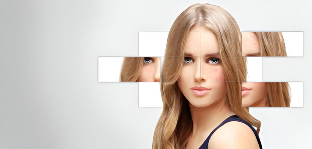 A woman with long blonde hair is depicted, with multiple rectangular frames showing parts of her image against a light background.