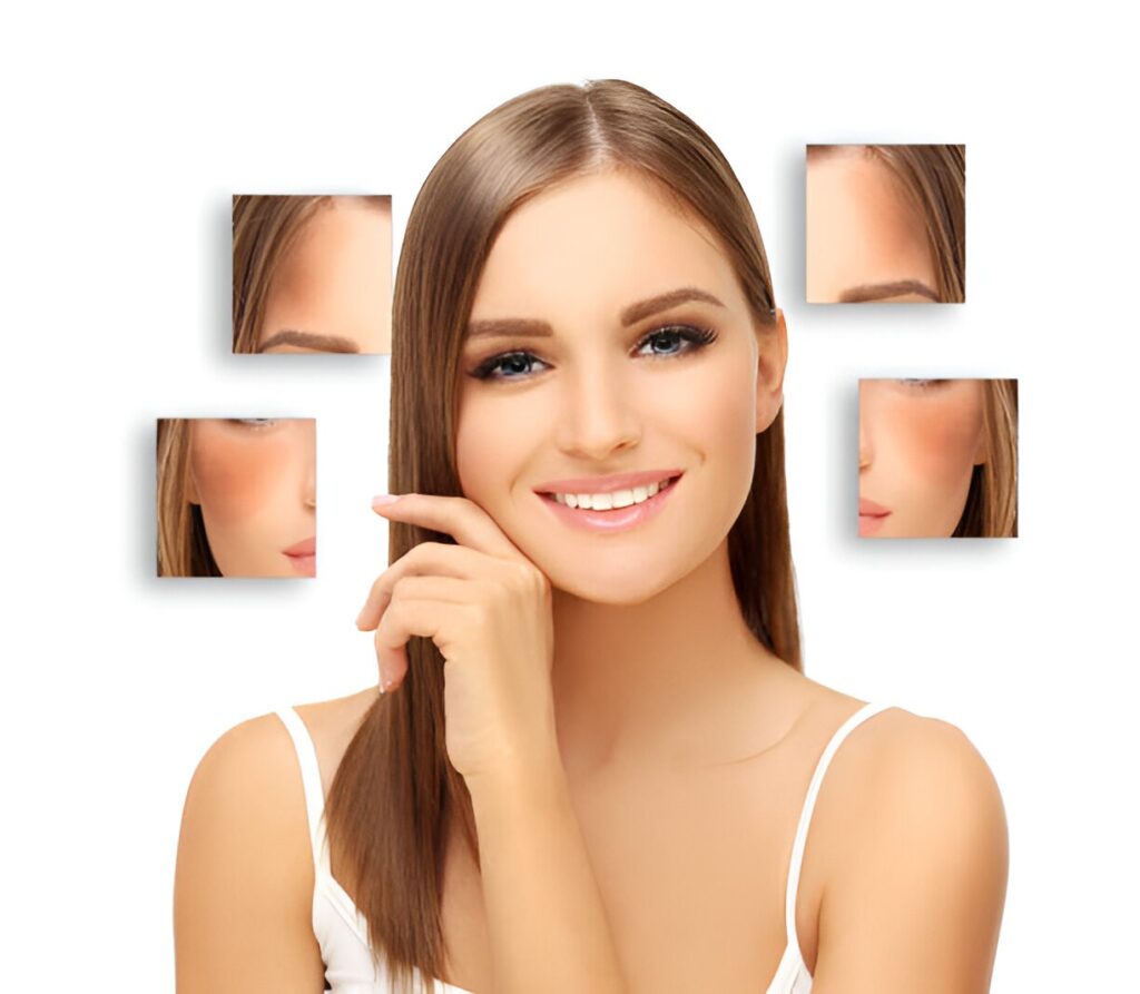 A model with long, straight hair poses elegantly, surrounded by smaller images of her facial features and expressions.