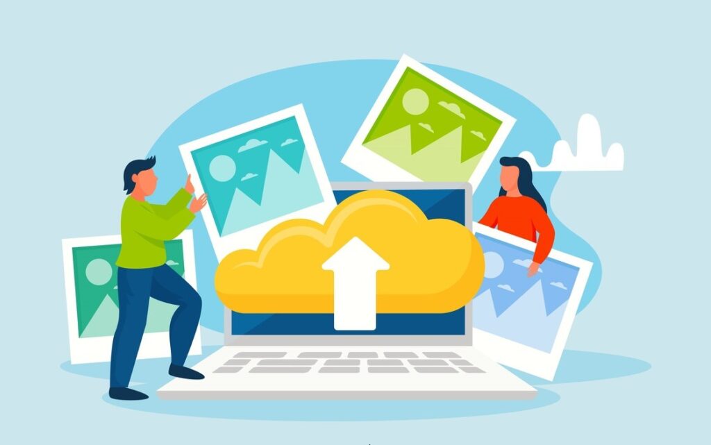A man and woman upload images to a laptop, surrounded by colorful photos and a cloud icon indicating file transfer.