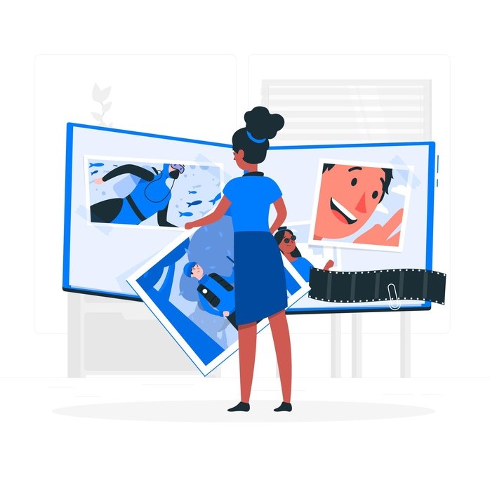 A woman in a blue dress examines a large, open photo album displaying various colorful images, surrounded by a minimalistic background.