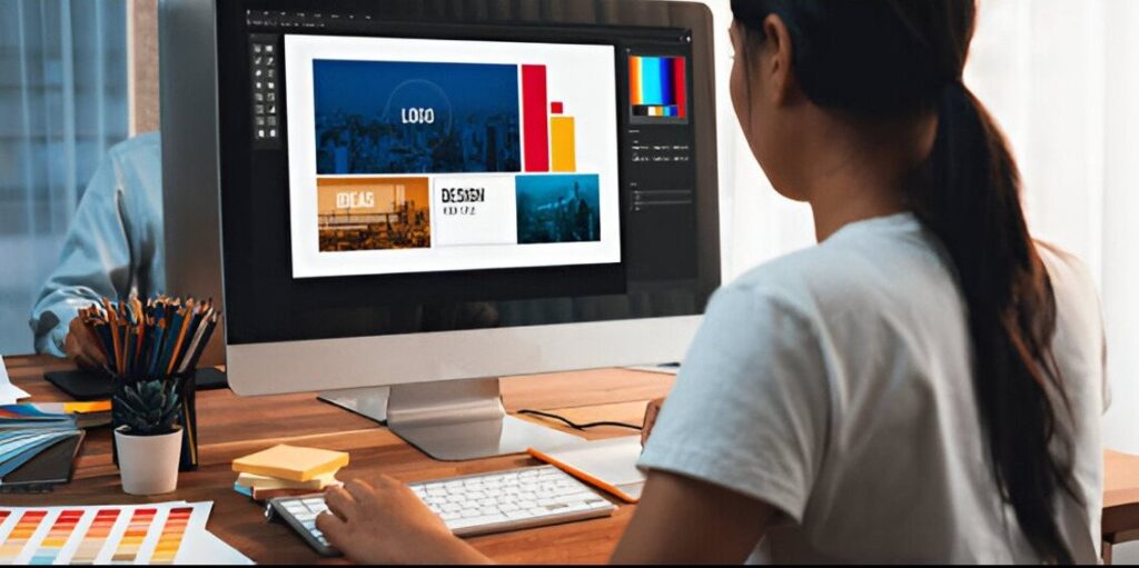 A graphic designer works at a computer, creating visuals with colorful designs and charts displayed on the screen.