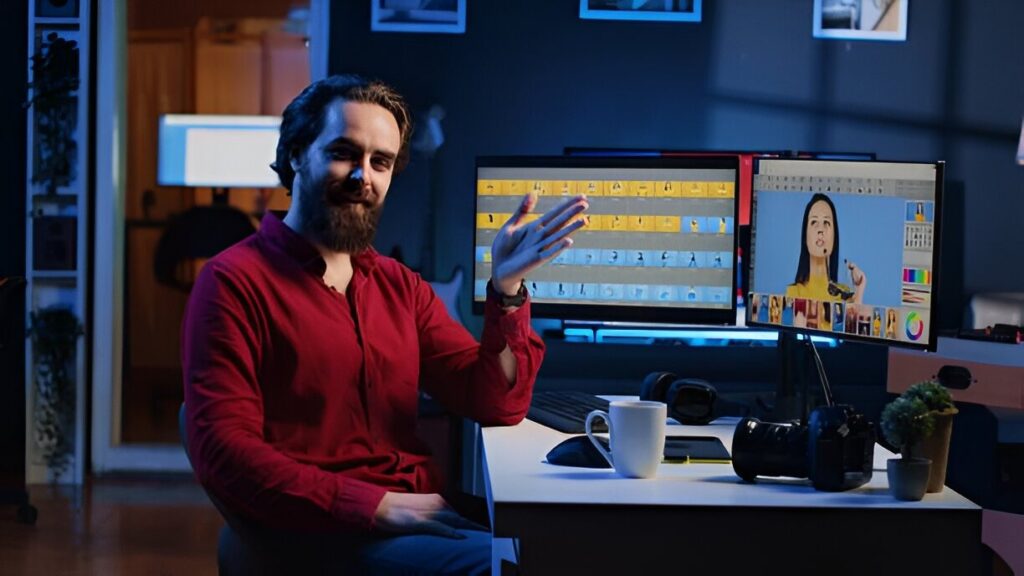 A person in a red shirt gestures while sitting at a desk with two monitors displaying visual edits, a camera, and a cup.