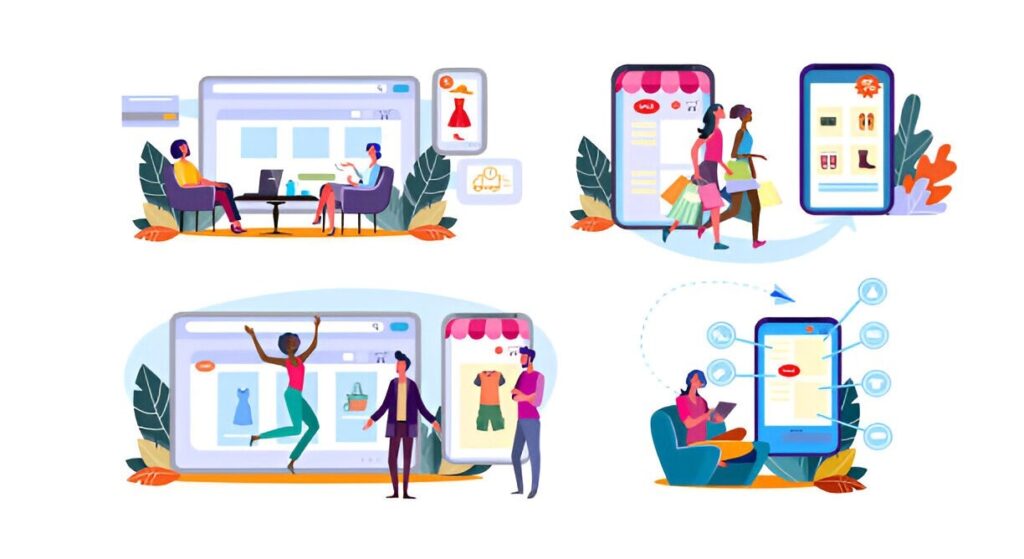 A colorful illustration depicting online shopping experiences, with people browsing and purchasing clothes on various devices.