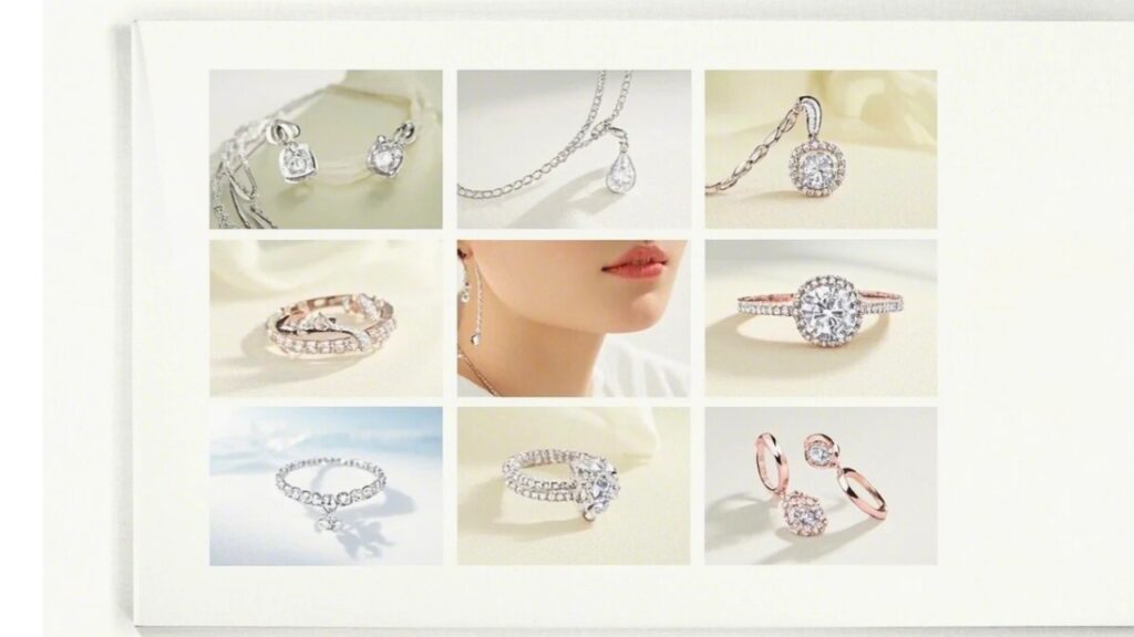 A stylish collage featuring various elegant jewelry pieces, including earrings, rings, and necklaces, showcasing intricate designs and sparkling details.