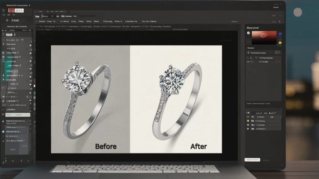 A side-by-side comparison of a diamond engagement ring, labeled "Before" and "After," showcasing a redesign or enhancement.