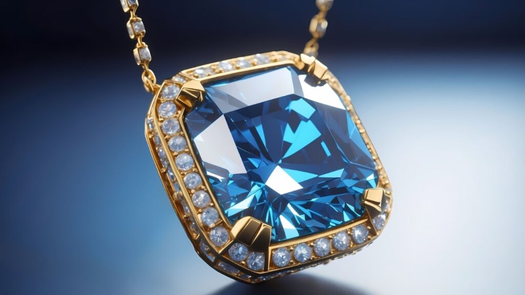 A stunning gold necklace features a large, radiant blue gemstone surrounded by smaller sparkling diamonds, set against a dark background.