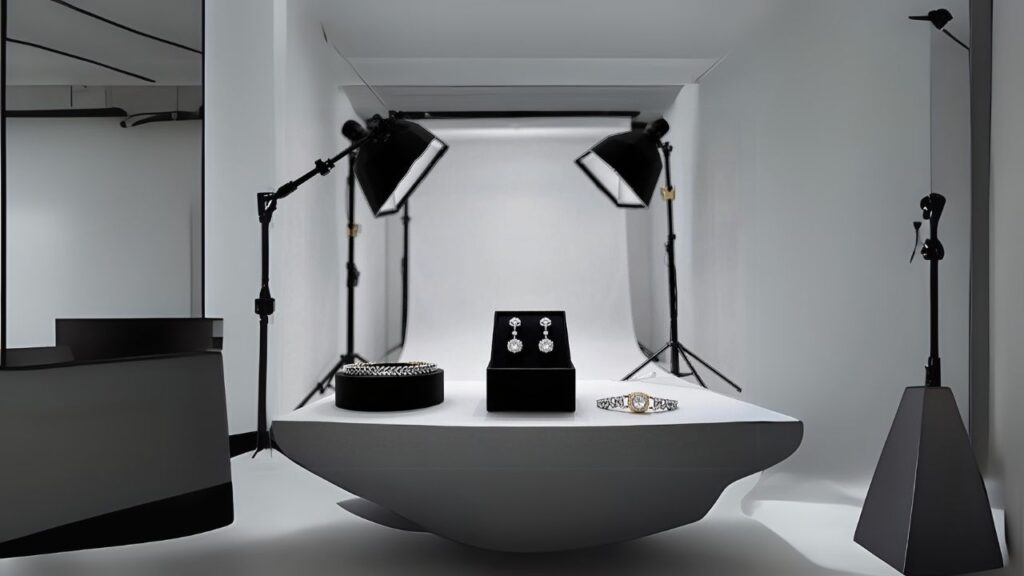 A minimalist jewelry studio setup featuring illuminated displays of rings, earrings, and bracelets on a sleek, curved table.