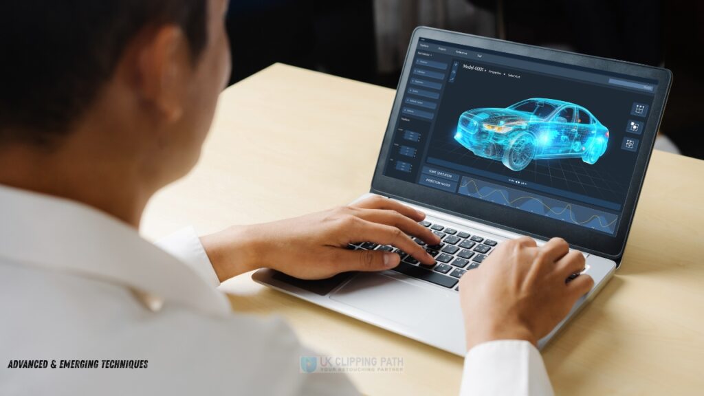A person uses a laptop displaying a 3D holographic model of a car, showcasing advanced design software on a modern workspace.
