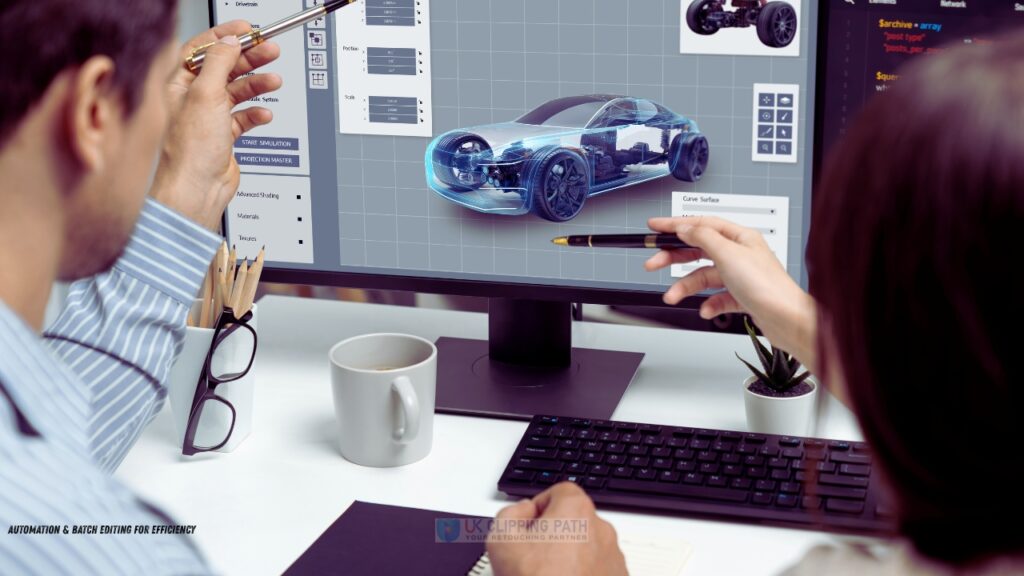 Two people discuss a design project on a computer, featuring a 3D model of a car, with various software tools displayed.