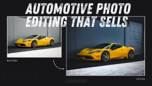 Side-by-side comparison of a yellow sports car showcasing before and after automated photo editing improvements.