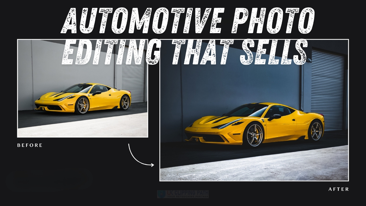 Side-by-side comparison of a yellow sports car showcasing before and after automated photo editing improvements.