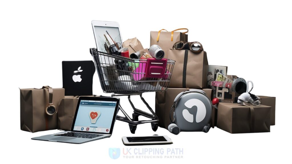 Shopping cart filled with tech gadgets, gifts, and bags on white background, showcasing clean background and vibrant color correction — aligned with modern product photo editing trends.