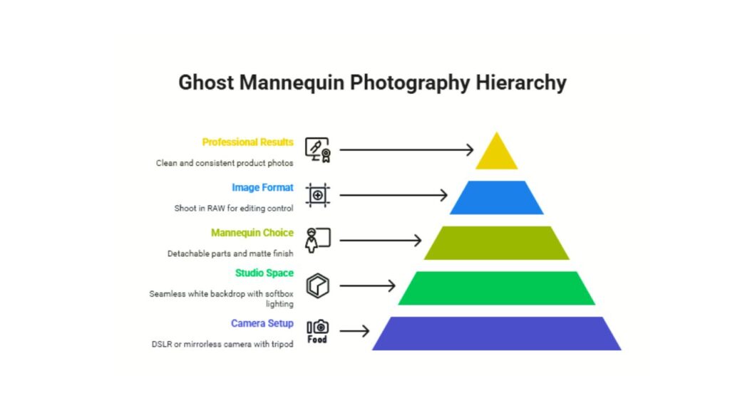 Infographic outlining the key elements of ghost mannequin photography that contribute to consistent product photos and professional-quality results.