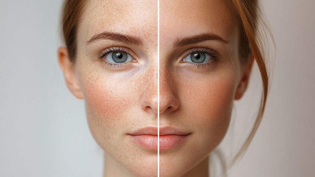 Professional photo retouching for brands featuring a close-up of a woman with light brown hair against a neutral background.