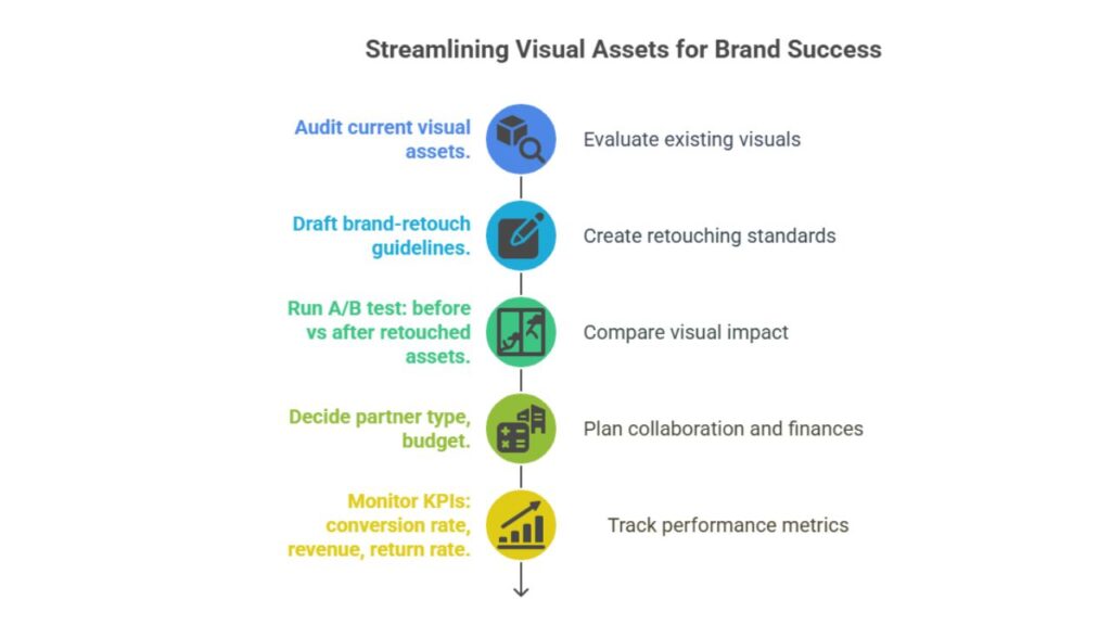 Professional photo retouching for brands illustrated in a flowchart detailing visual asset workflow: auditing, guidelines, A/B testing, partnerships, and KPI monitoring.