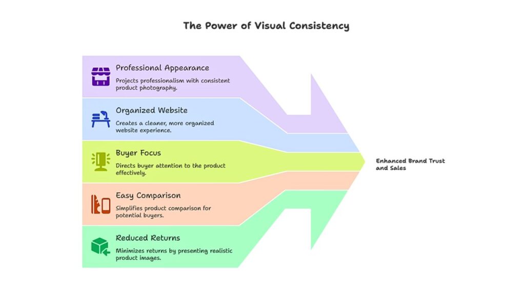 Diagram highlighting the benefits of consistent product photos, including enhanced professionalism, organized presentation, improved buyer focus, easier product comparison, and fewer returns.