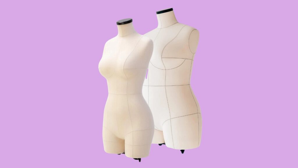 Two dressmaker mannequins shown on a light purple background, presented with invisible ghost mannequin photography techniques for clear and professional apparel visualization.