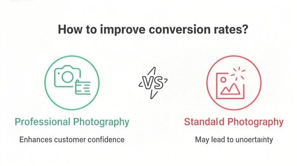 Graphic comparing professional photography, enhancing customer confidence, with standard photography, leading to uncertainty.